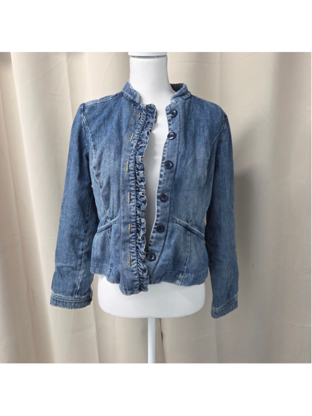 New York & Company Denim Jacket Ruffle Trim Size S Shabby Chic Y2K Cottagecore